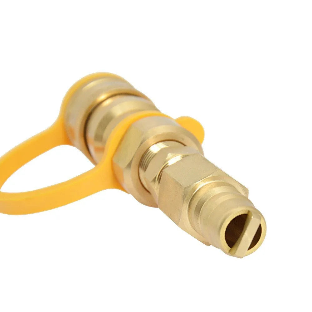 Gold brass 3/8 propane tank conversion charging connector with visible threads