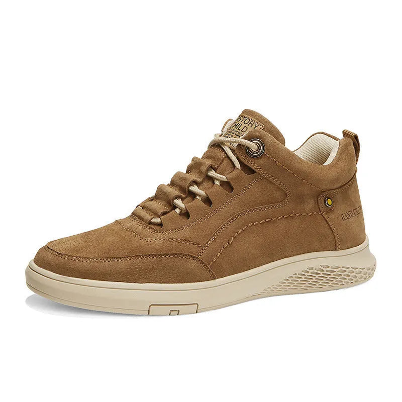 Men's spring leather sneaker in brown or sand with cowhide upper, high-top front tie, rubber sole, and low 1-3cm heel