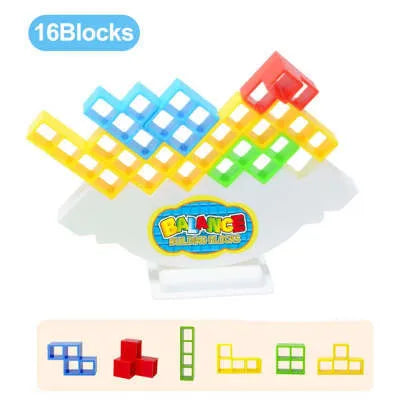 Plastic balance stacking board game with 16 colourful blocks on chassis and base