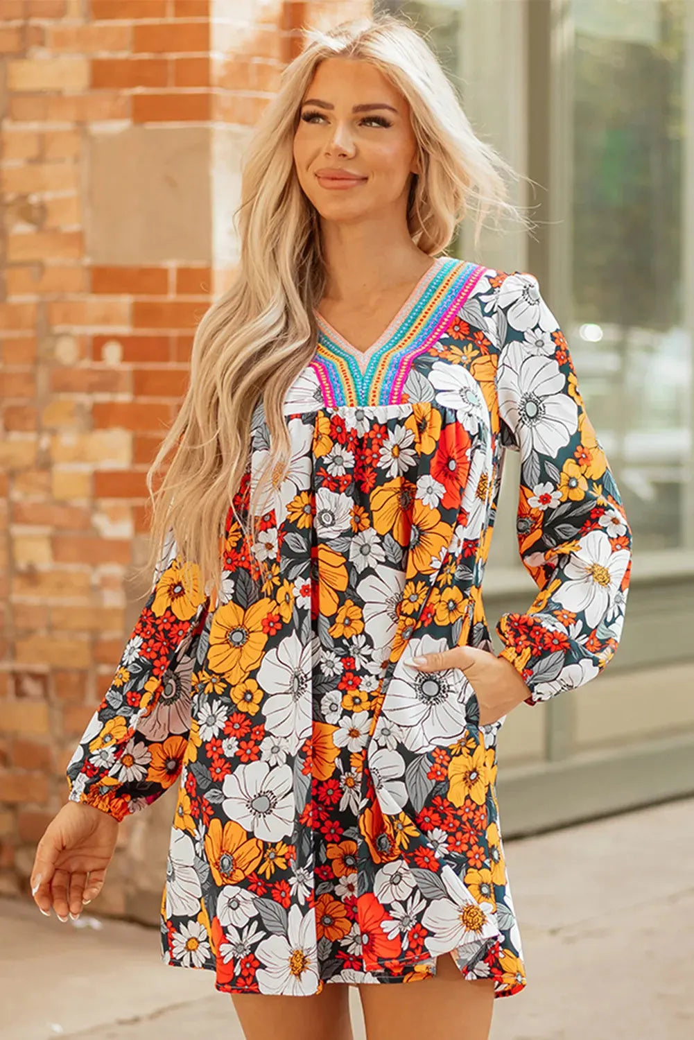 Orange floral print striped lace V neck long sleeve mini dress