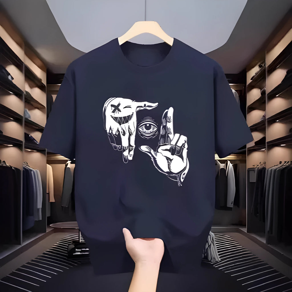 Men's grey casual t-shirt with a colourful digital cartoon print on the front, showcasing the mesh texture of the bird eye cloth fabric.