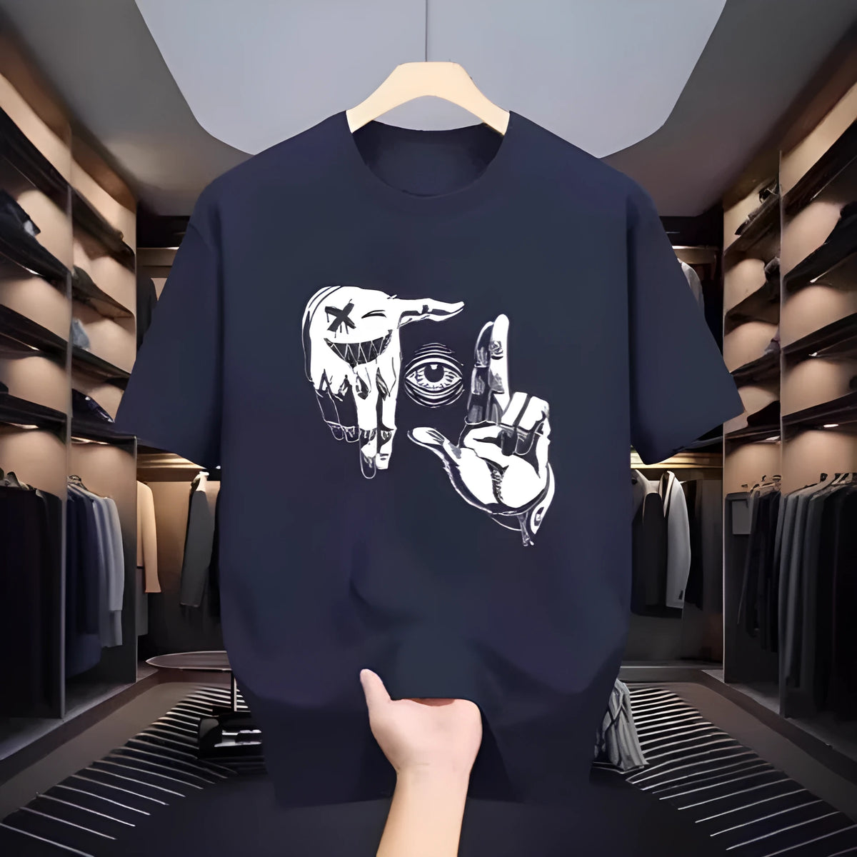 Men's grey casual t-shirt with a colourful digital cartoon print on the front, showcasing the mesh texture of the bird eye cloth fabric.