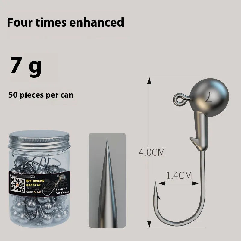Pack of fifty 7g lead-head jig hooks made from enhanced steel for fishing