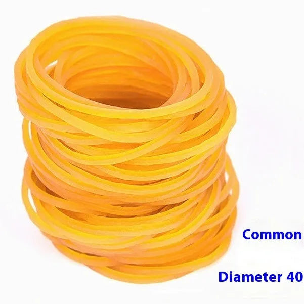 500g bulk pack of assorted yellow rubber bands showing different sizes from 25mm to 70mm diameter.
