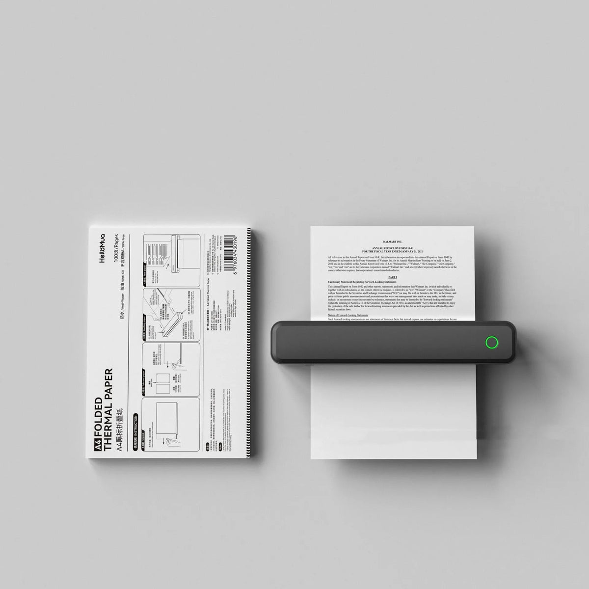 Compact Bluetooth thermal printer for mobile phones measuring 295mm long with black or white housing