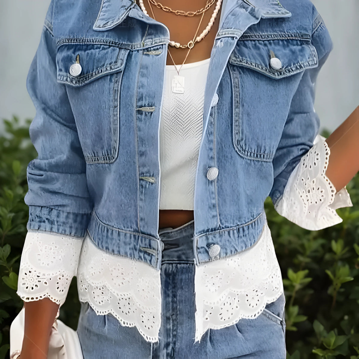 Blue women's denim jacket with lace stitching detail on front, long sleeves, shown on hanger