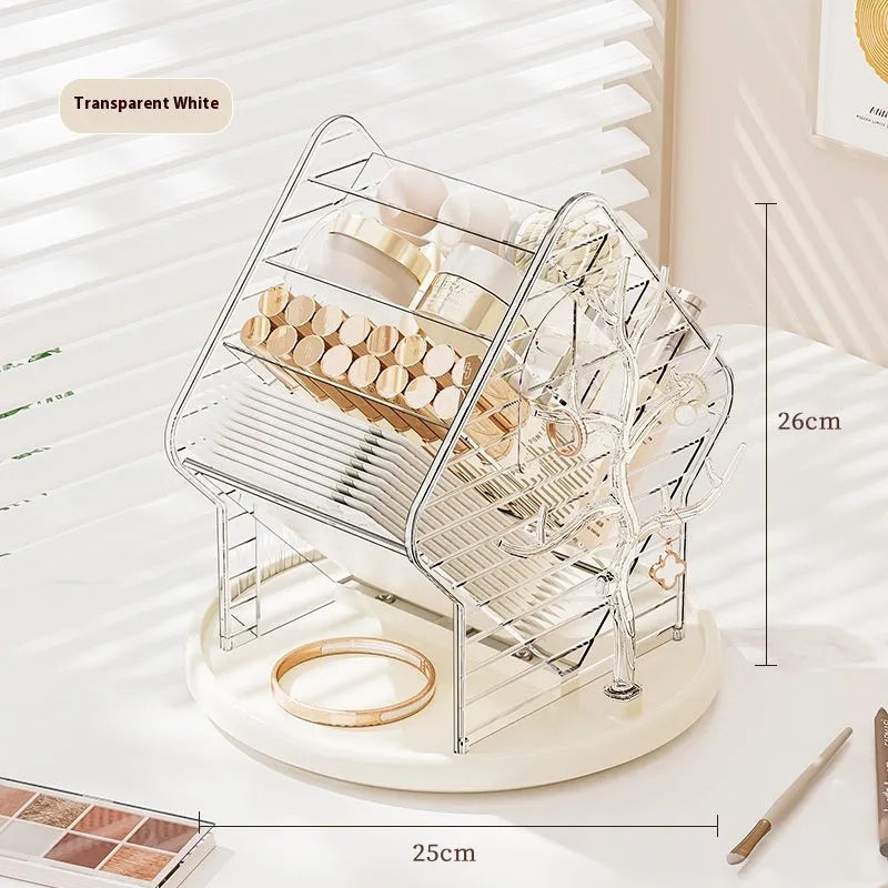 Rotating cosmetics storage box with clear plastic construction and 360-degree rotation feature