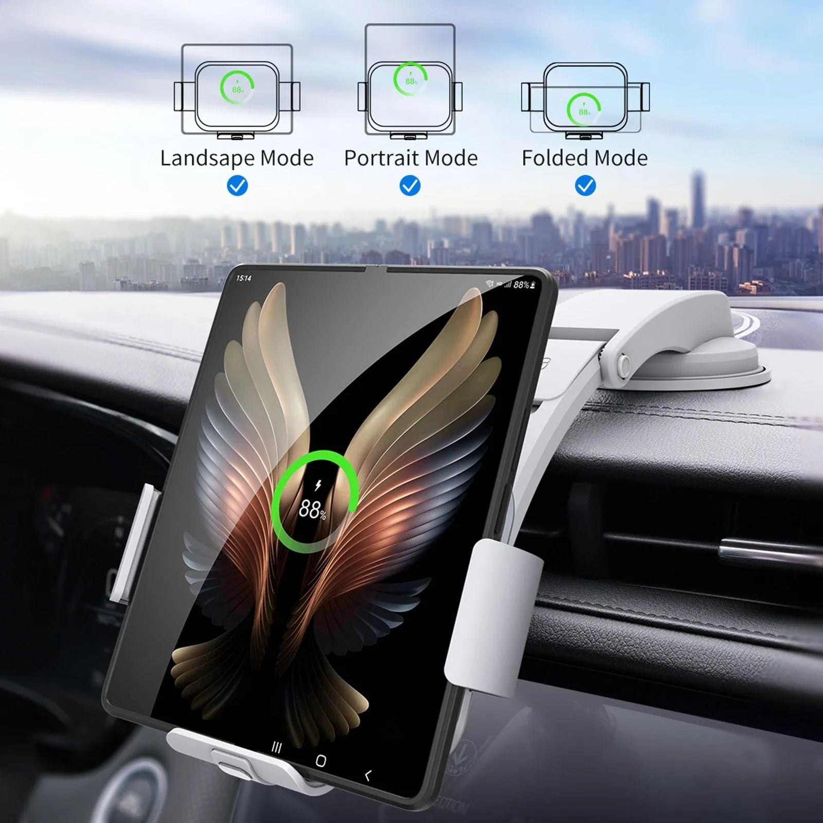 Grey wireless charging car phone holder with folding screen shown with air conditioner clip and suction cup mount accessories.