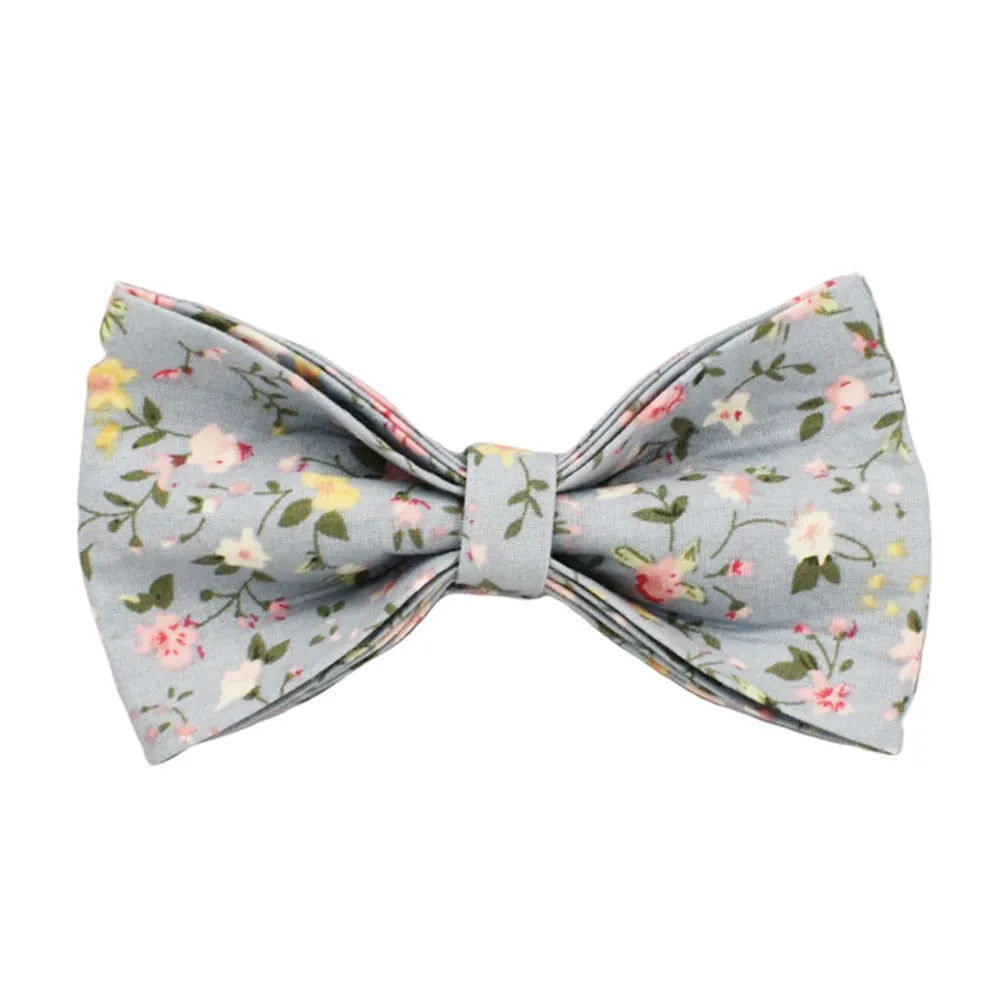 Blue floral polyester cotton dog collar with matching leash, bow tie, vest and poop bag holder set