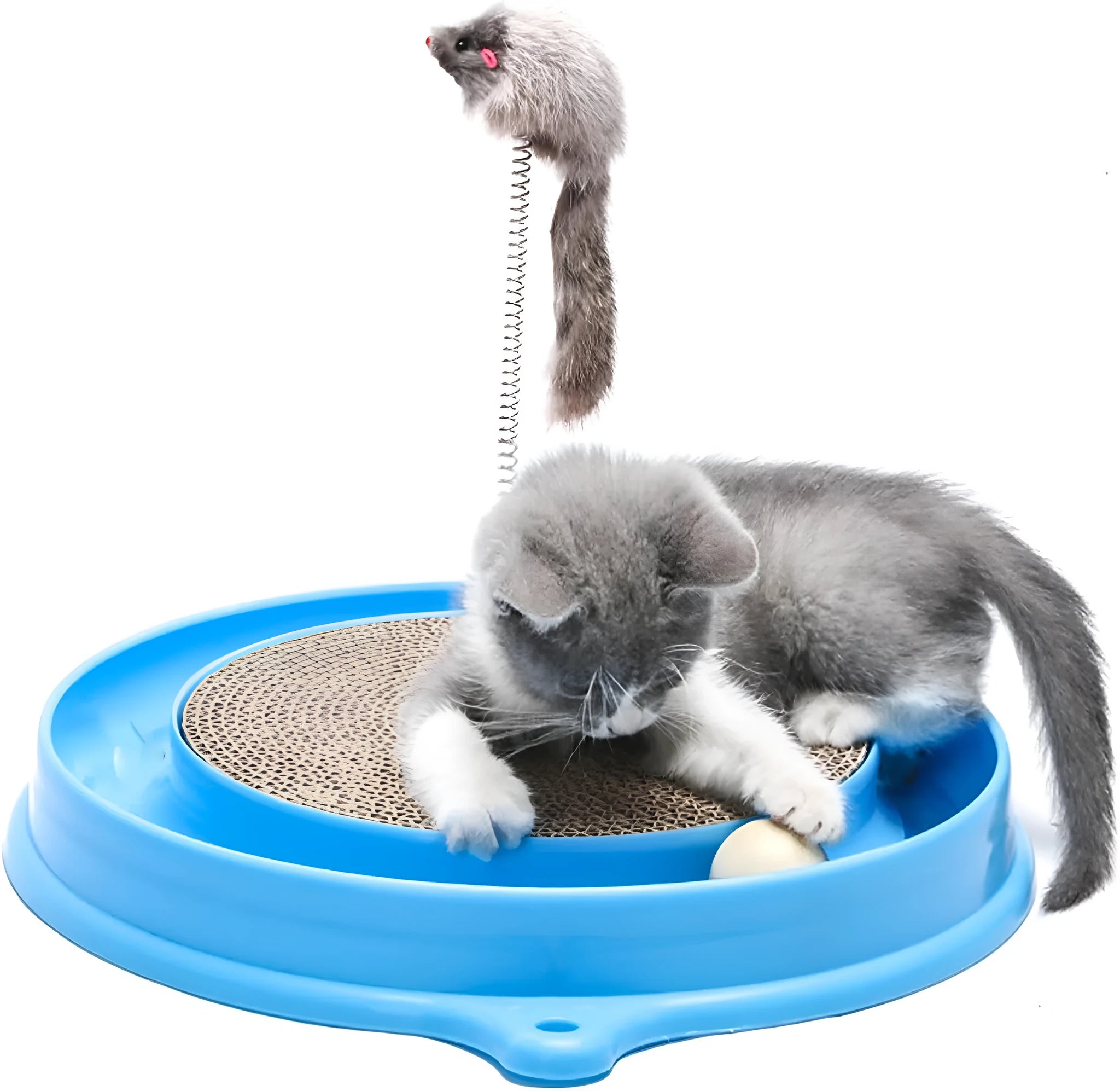 Round corrugated cardboard cat scratcher toy with blue or pink track, rolling ball, and mouse swatter attachment on white background
