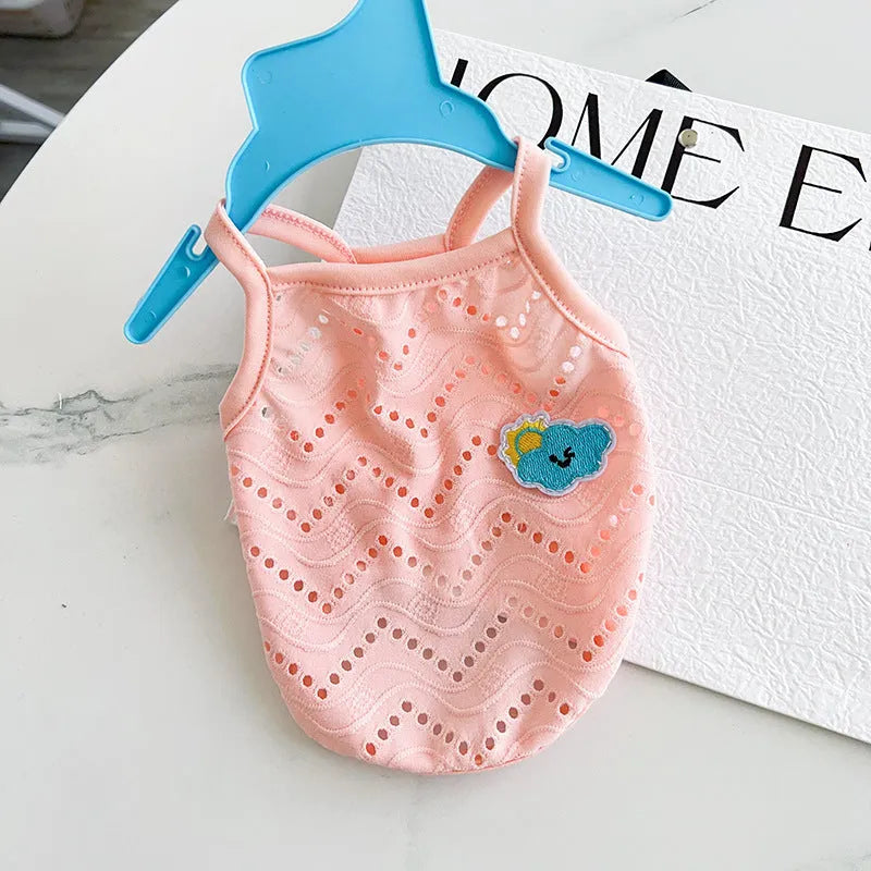 Mesh breathable dog cooling vest in blue milk bottle colour with adjustable straps