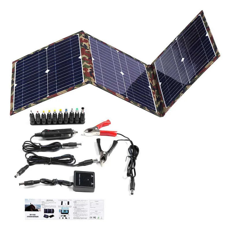 Black foldable solar panel unfolded showing three solar cells with included charging accessories
