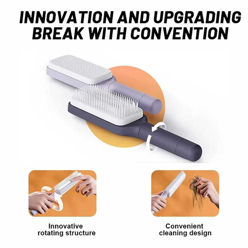 Roland purple self cleaning hair brush with rotating handle and anti-static bristles