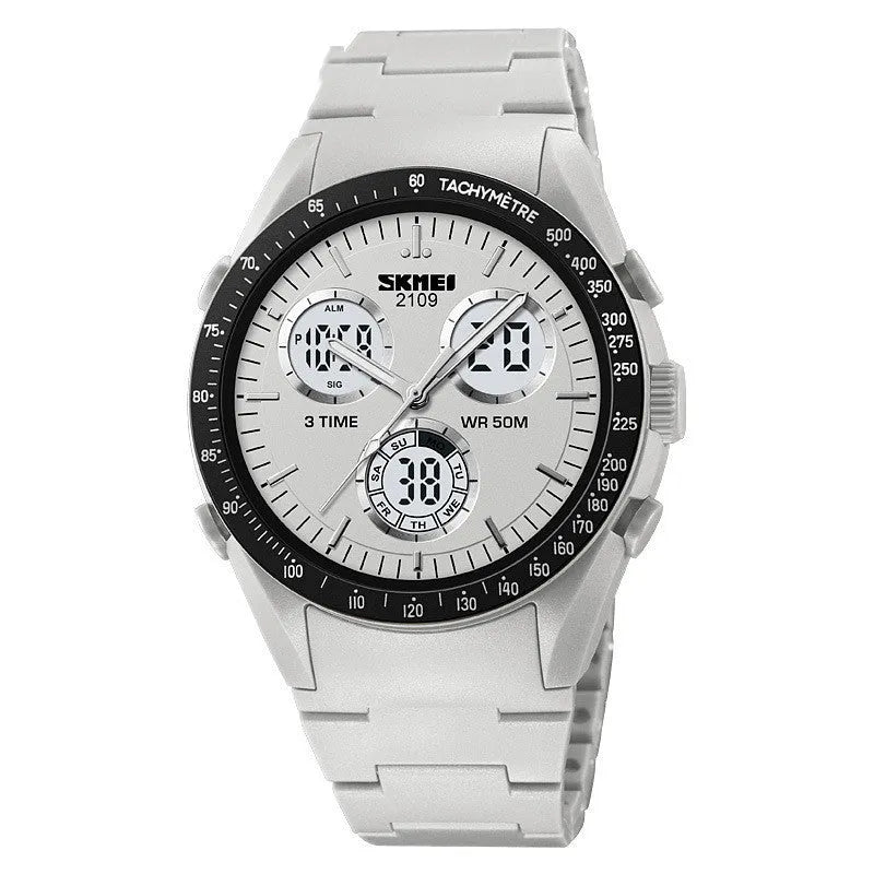 Electronic casual watch with a 50m waterproof rating shown in various colours including camouflage, on a flexible TPU strap.