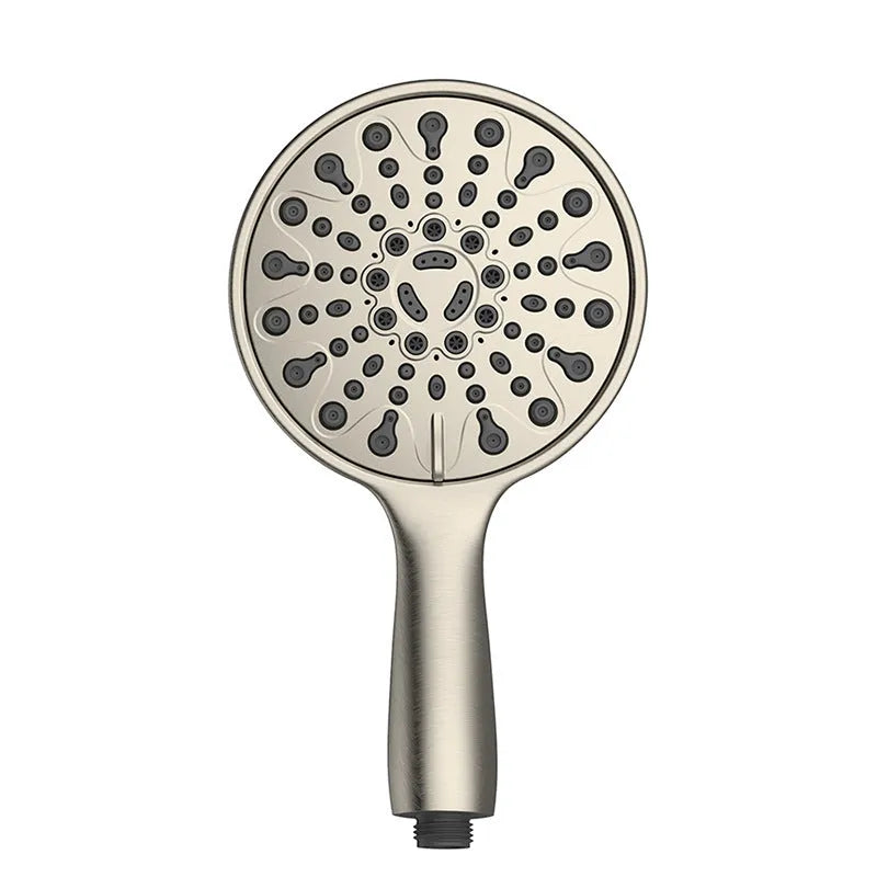 Six-function handheld shower head with electroplated finish measuring 6 inches in diameter