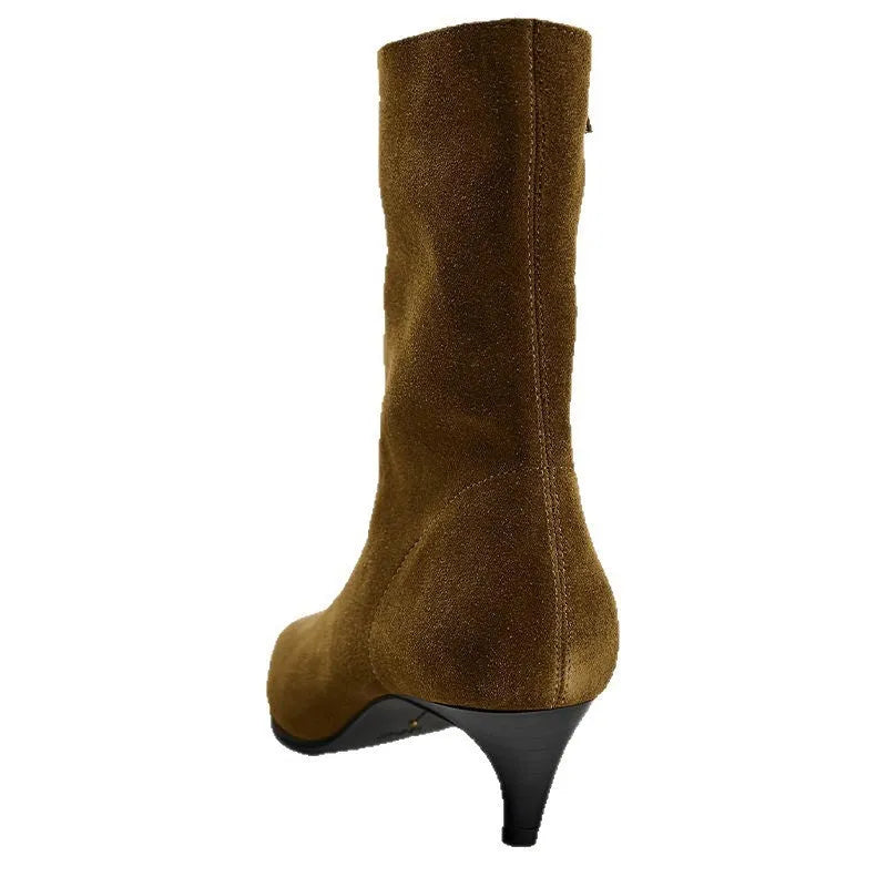 Women's black square toe ankle boots with side zipper and a mid kitten heel.
