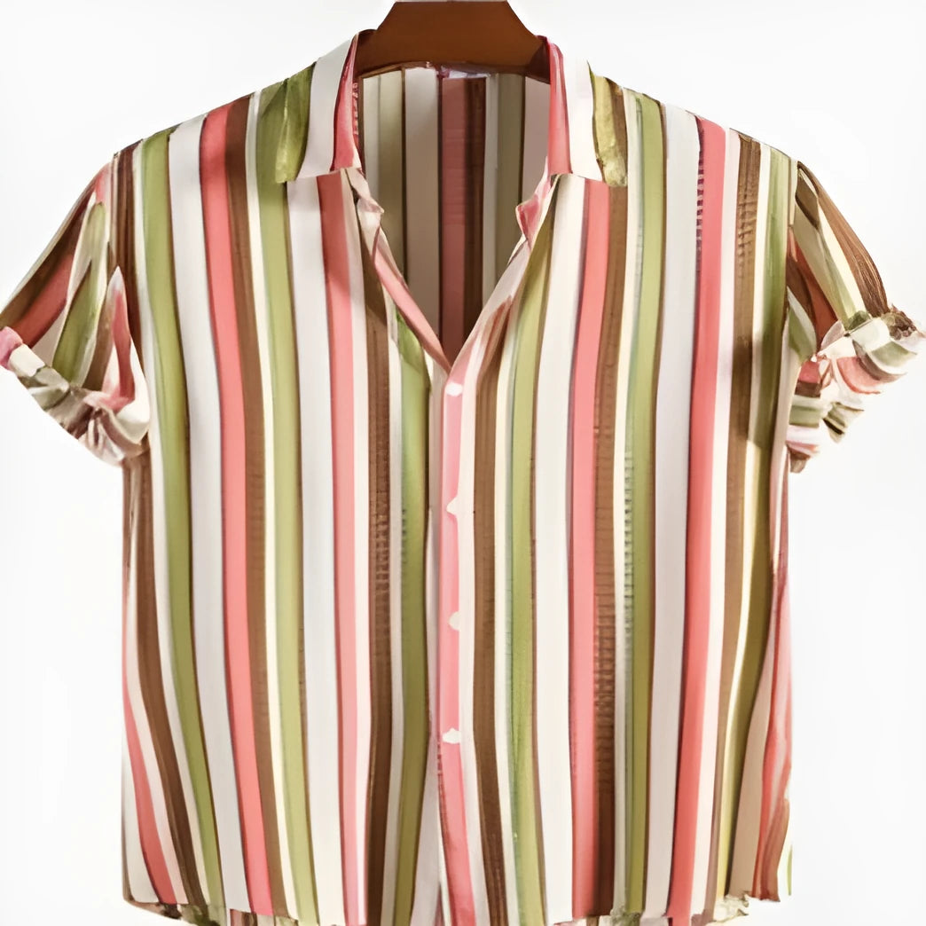 Men's short sleeved polyester shirt with digital printed pattern design, shown in available colour.