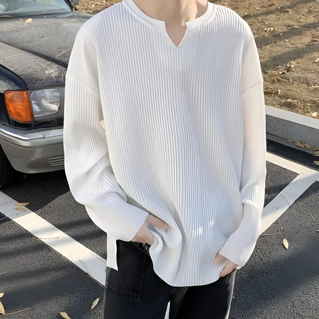 Plus size women's striped texture pullover top with long sleeves in loose fit