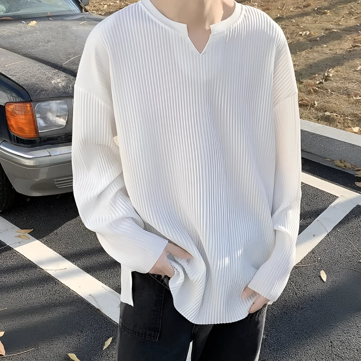 Plus size women's striped texture pullover top with long sleeves in loose fit