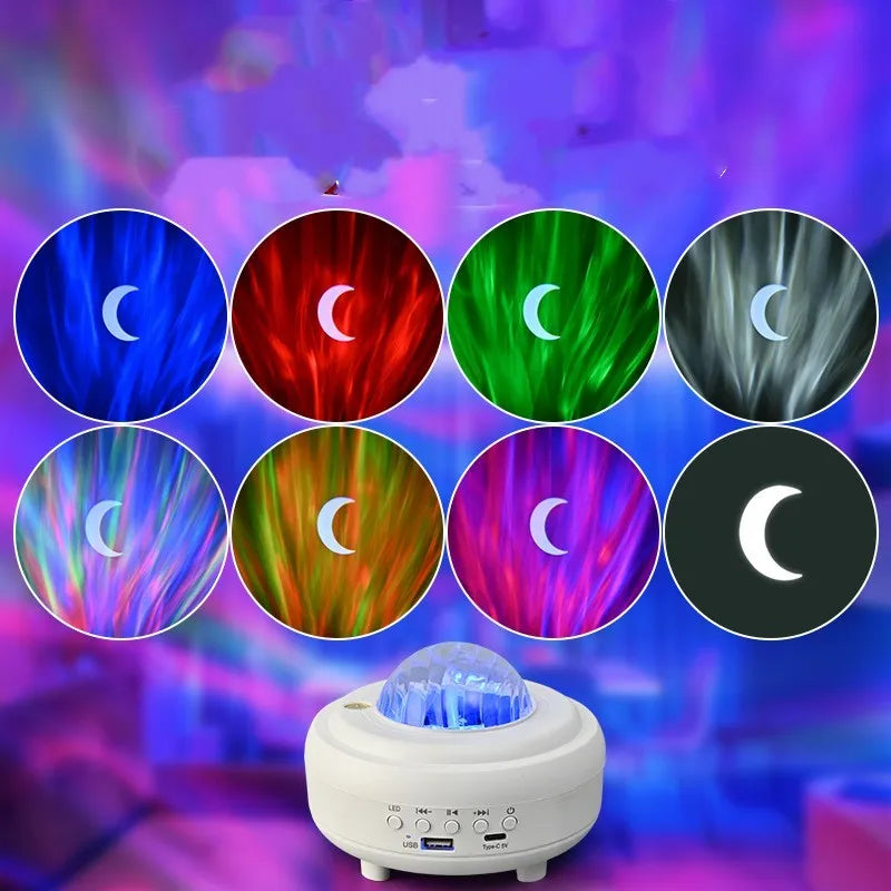 White galaxy star projector with Bluetooth speaker showing star projection on wall