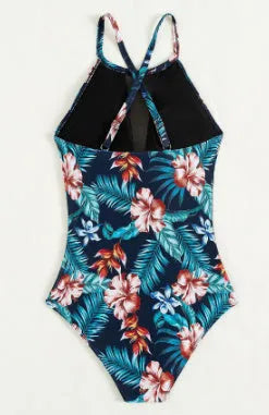 Women's deep V-neck one-piece swimsuit in polyester with solid, gradient, or printing pattern options