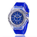 Women's LED luminous watch with colourful dial on silicone strap showing 43mm size