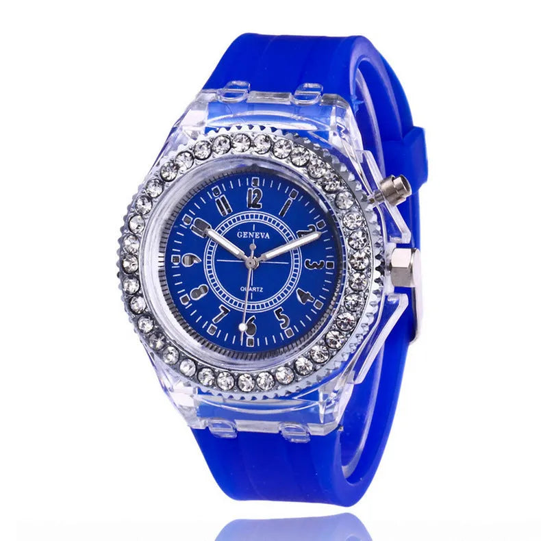 Women's LED luminous watch with colourful dial on silicone strap showing 43mm size