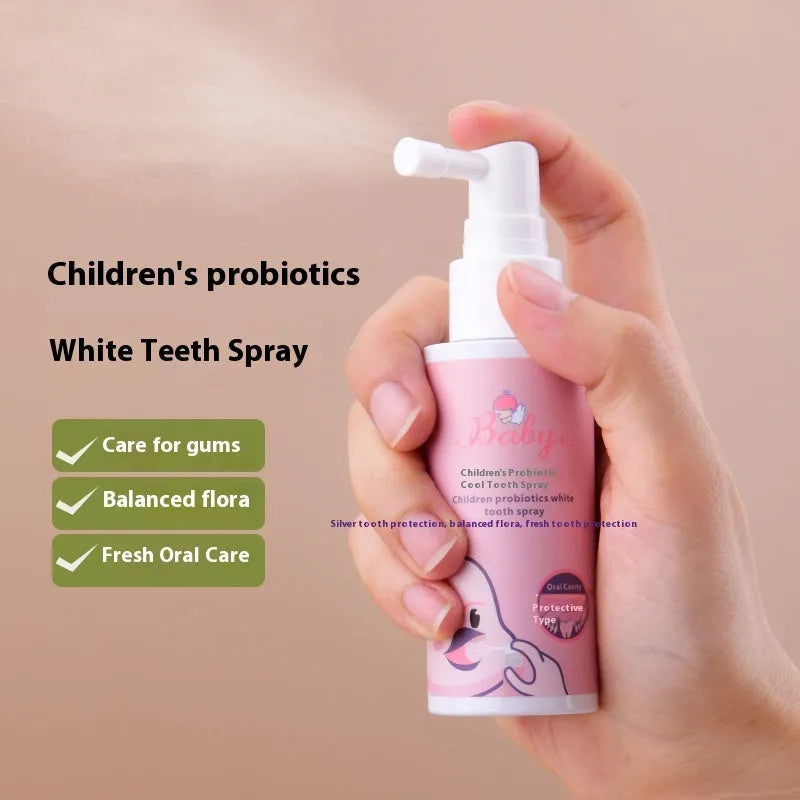 Children's probiotic white teeth cleaning spray bottle in strawberry and orange flavours