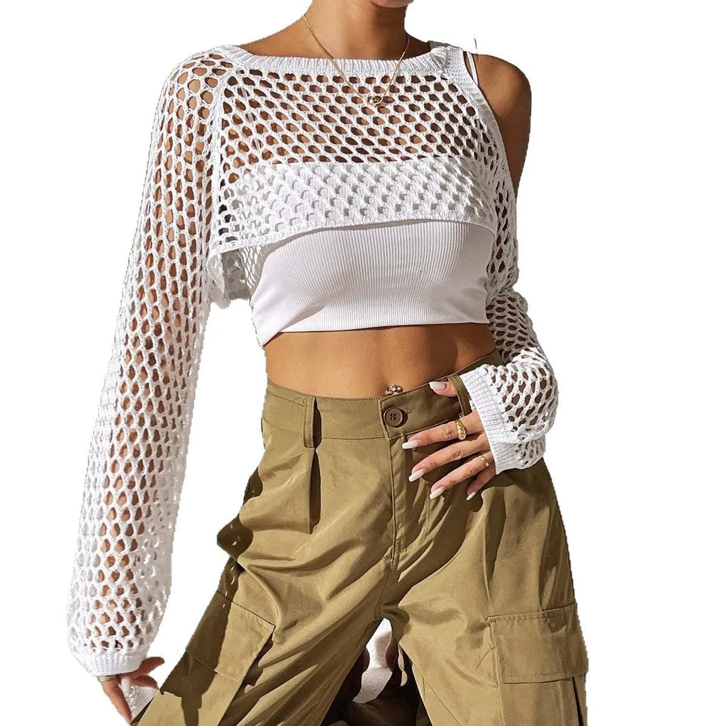 Mesh shirt with navel hollowed design for beachwear in polypropylene fabric, shown in multiple colours.