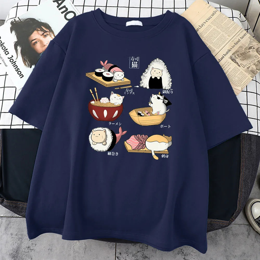 Men's black cotton short sleeve T-shirt with a cartoon print of a cat and sushi rolls, showing loose fit.