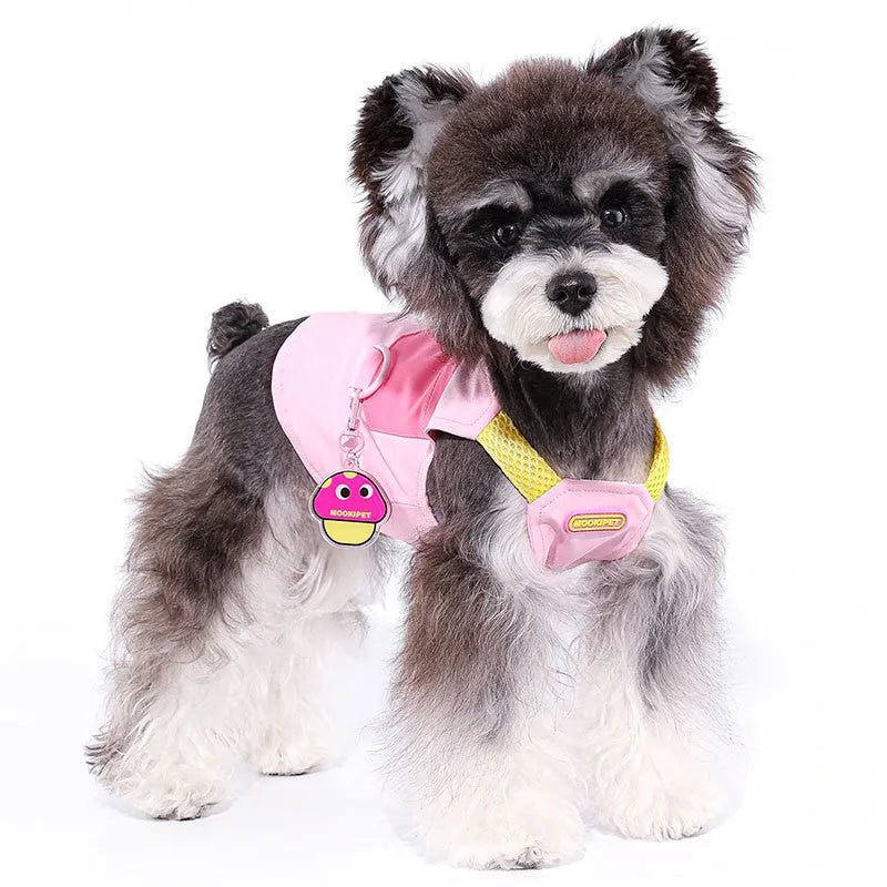 Pink polyester dog vest on a small white dog, showing casual style and fit.