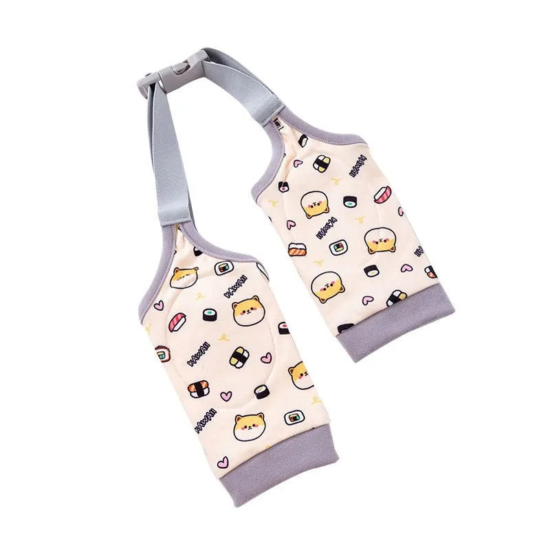 Dog wearing blue knee protector with padded elbow patch and matching scarf with dog print
