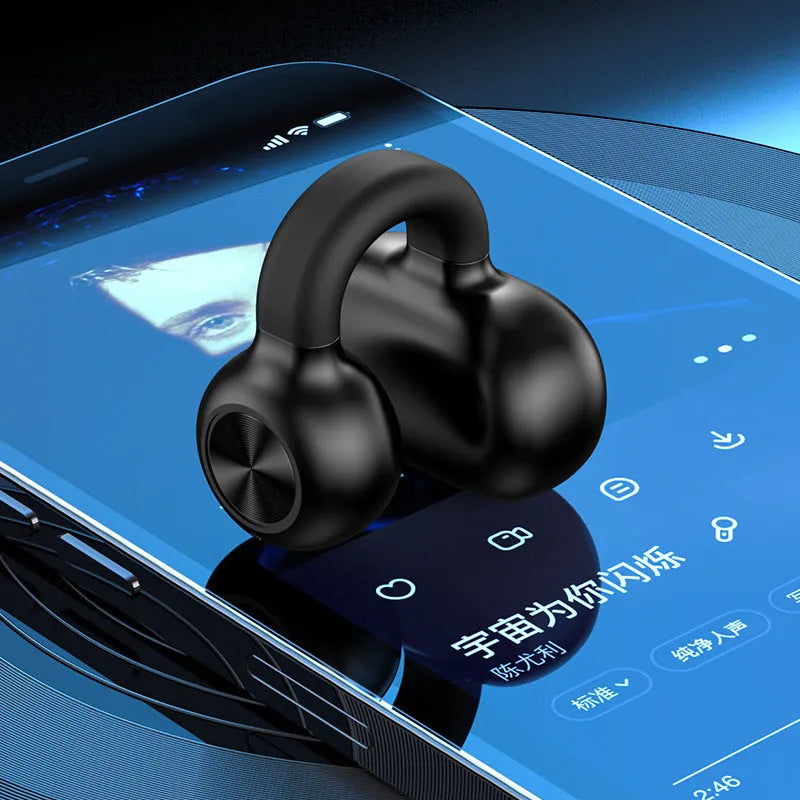 Black wireless Bluetooth headset with clip-on bone conduction design for exercise