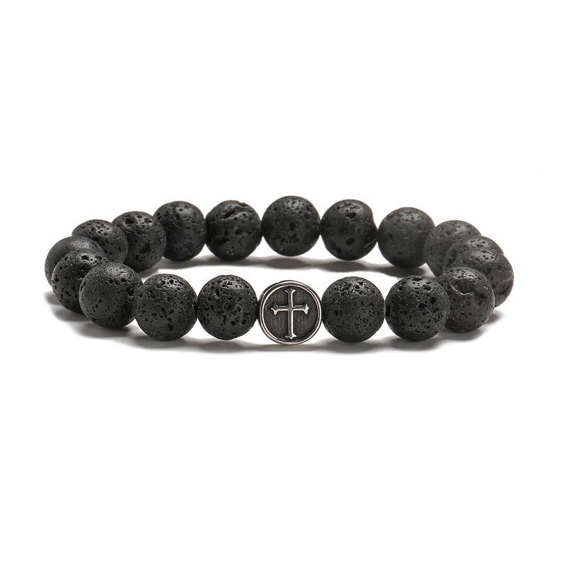 Agate bracelet with 10mm volcanic rock stones and stainless steel finish in geometry design