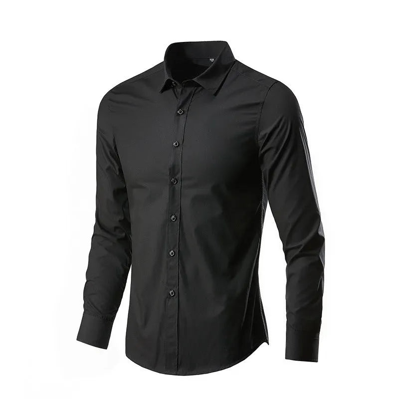 Men's slim fit long sleeve linen shirt in multiple colour options on a hanger.