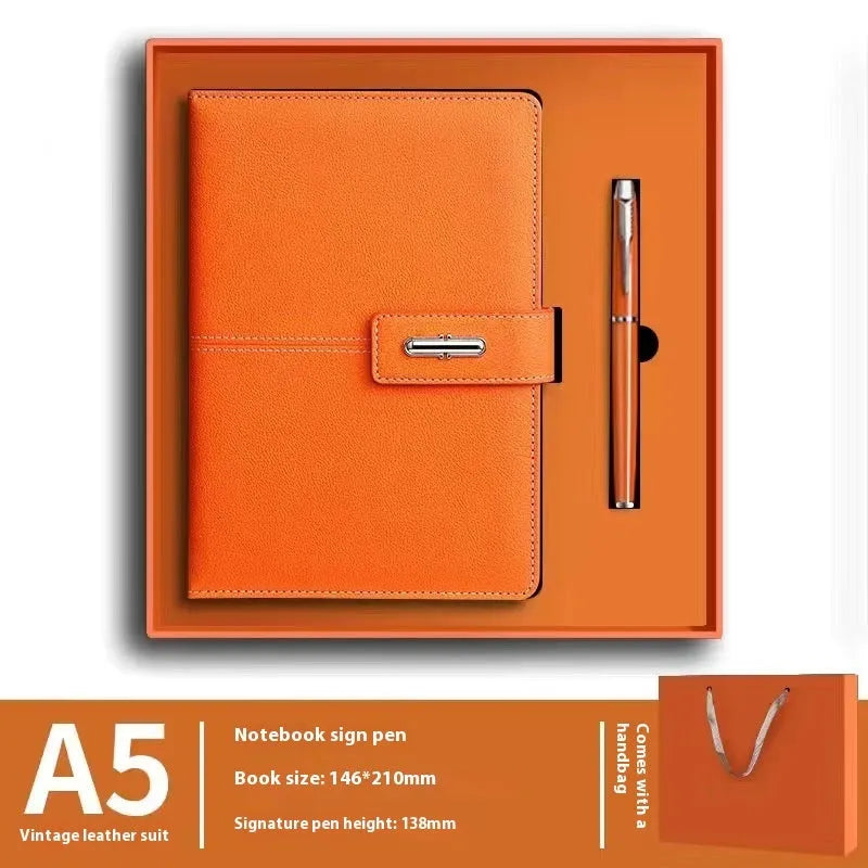 A5 notebook with a PU leather cover, open to show wood-free paper pages.