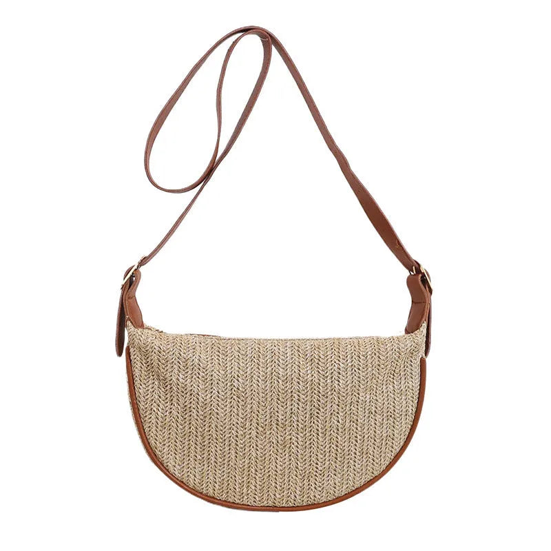 Women's knitted straw woven crossbody bag with single strap in corrugated black or khaki holding phone and files