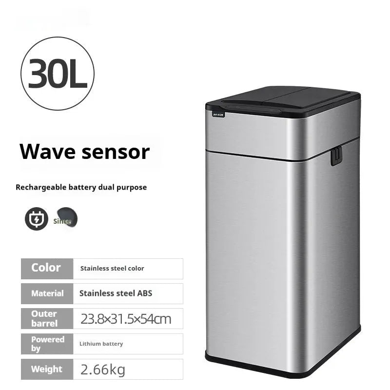 Stainless steel inductive smart trash can with square bucket design and sensor lid.