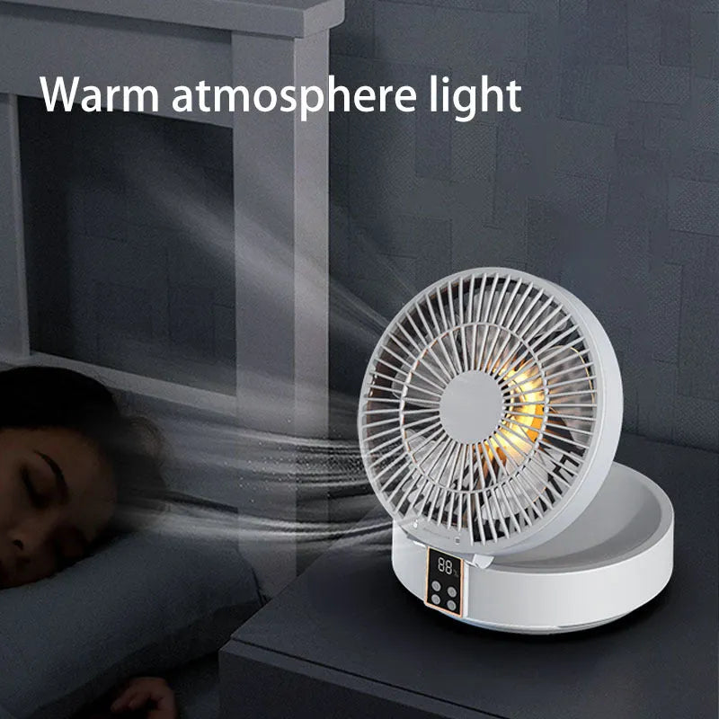 White portable folding fan with remote control shown in desktop and wall-mounted positions