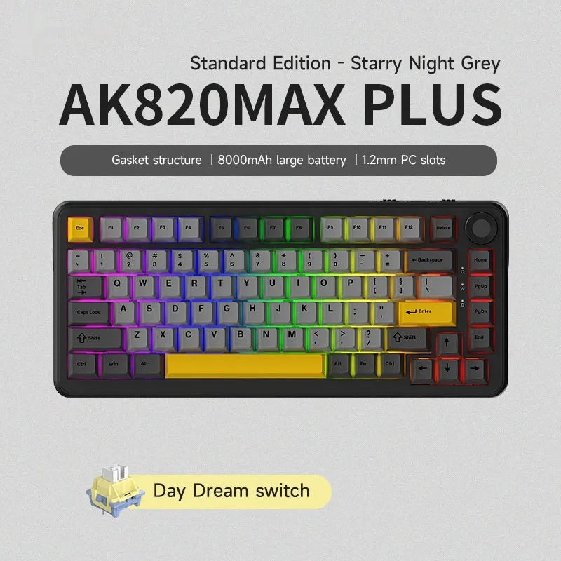 Black, grey and yellow three-mode wireless mechanical keyboard with 75% layout and included accessories