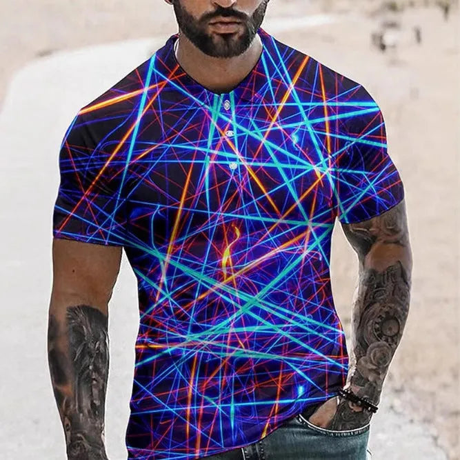 Men's grey short sleeve sports shirt with a 3D printed abstract colour pattern and a lapel button.