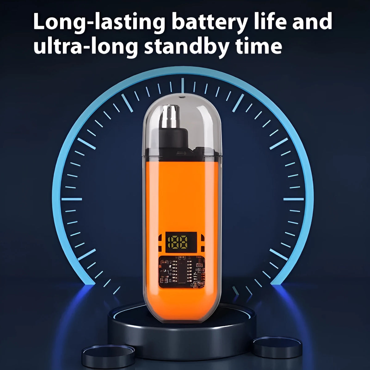 Rechargeable nose hair trimmer with digital display showing black, blue and orange colour options