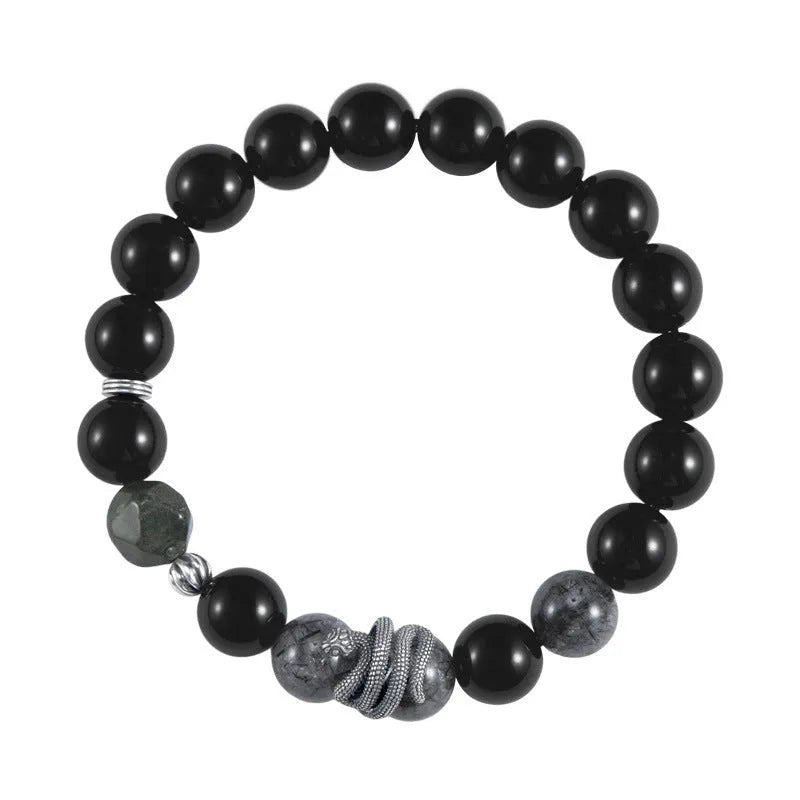 Men's black snake bracelet in sterling silver with obsidian detailing showing 10mm diameter
