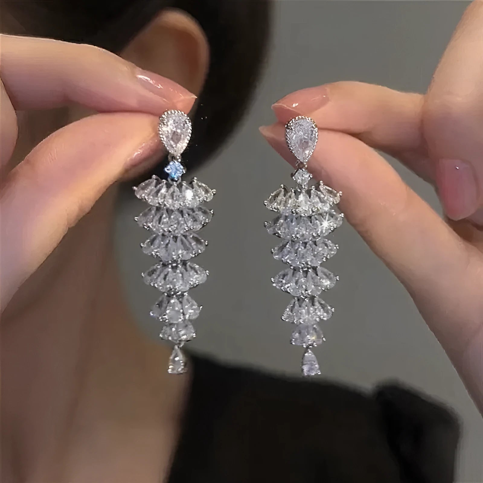 Silver pagoda Christmas tree drop earrings with sparkling zircon detailing and stud fastening