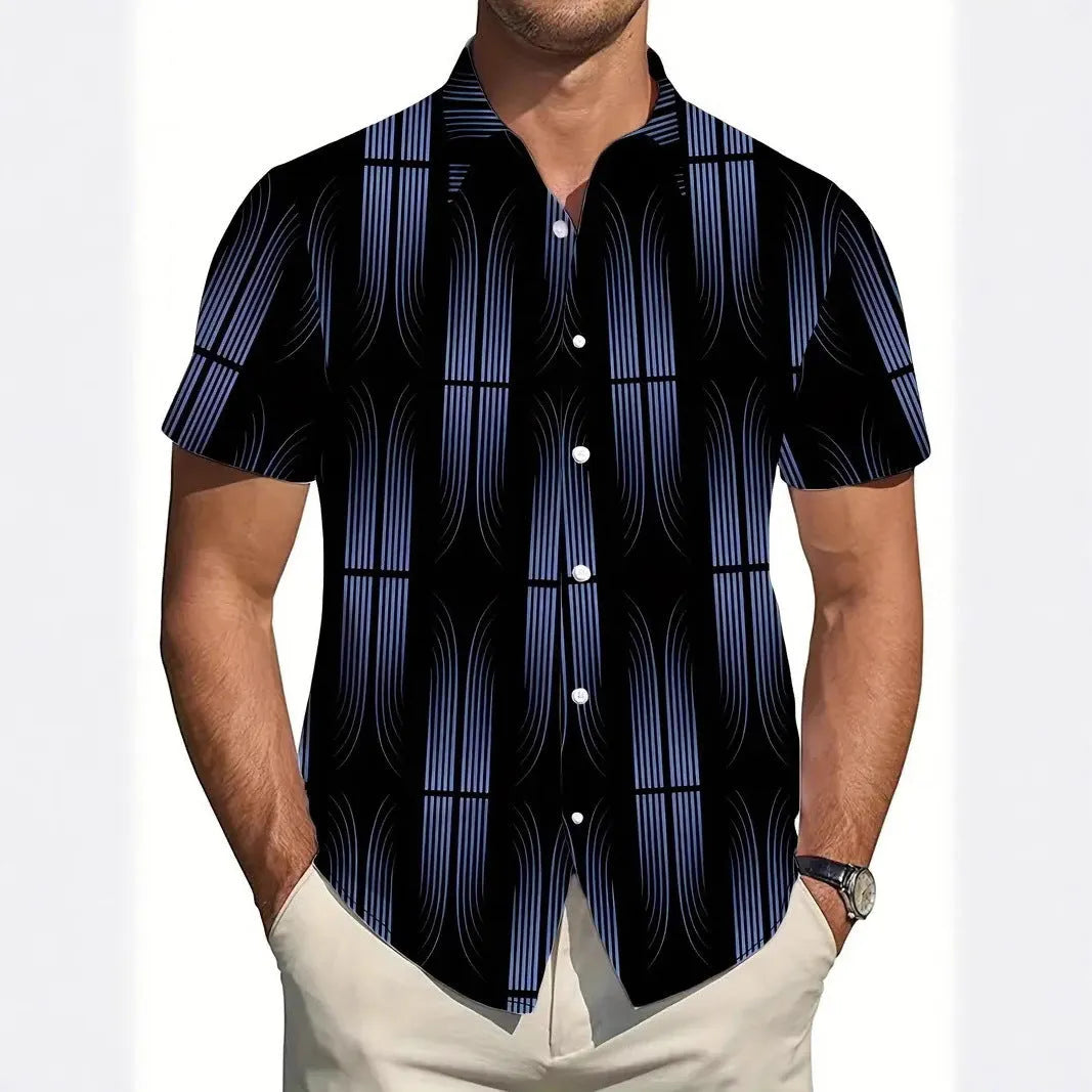 Men's slim-fit short sleeve shirt with geometric line pattern on lapel, in a selection of colours.