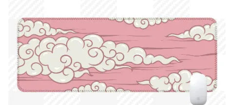 Large rectangular cloud pattern mouse pad and desk mat in natural rubber on a wooden desk.