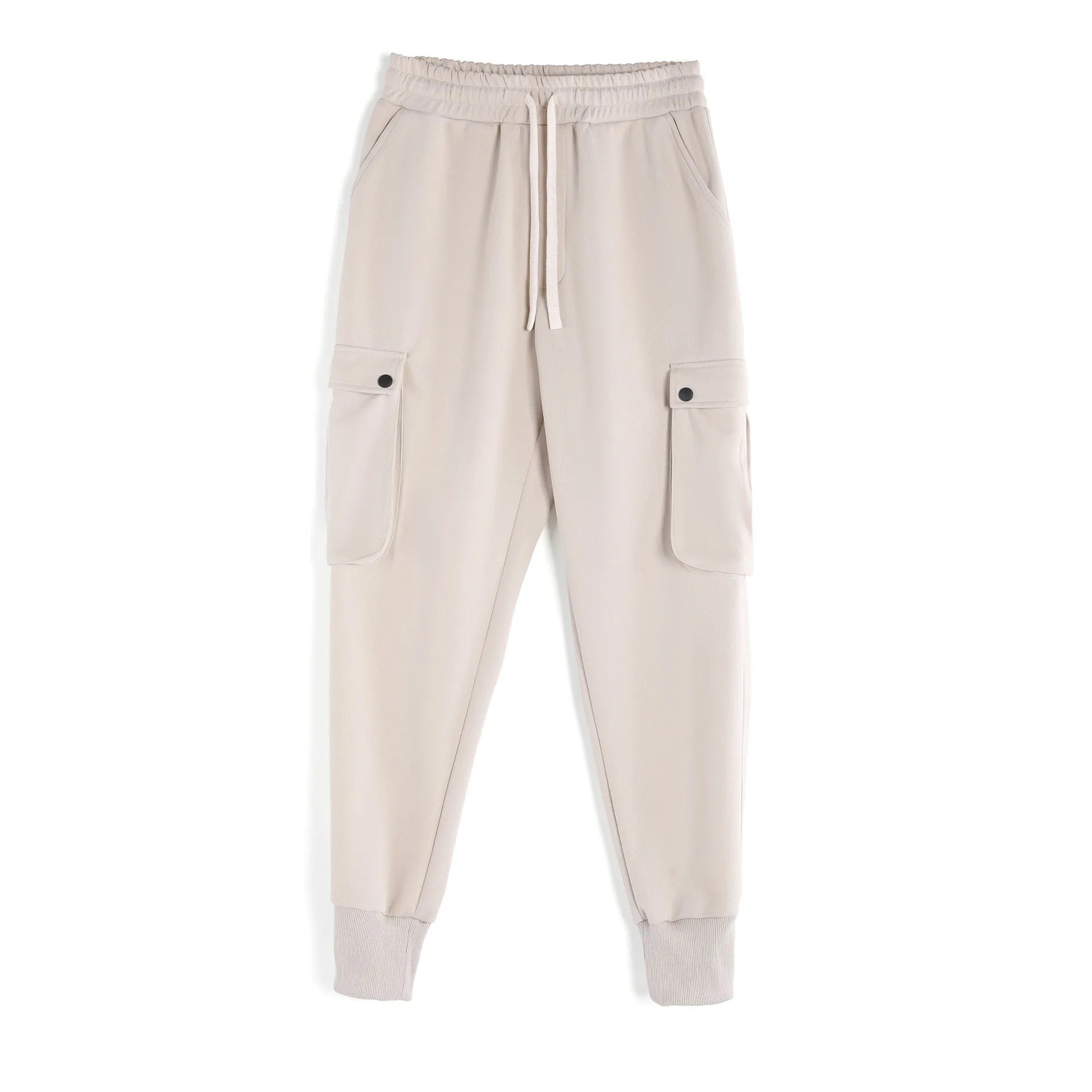 Men's loose cotton sports trousers with ankle tie closure and multiple pockets in solid colour