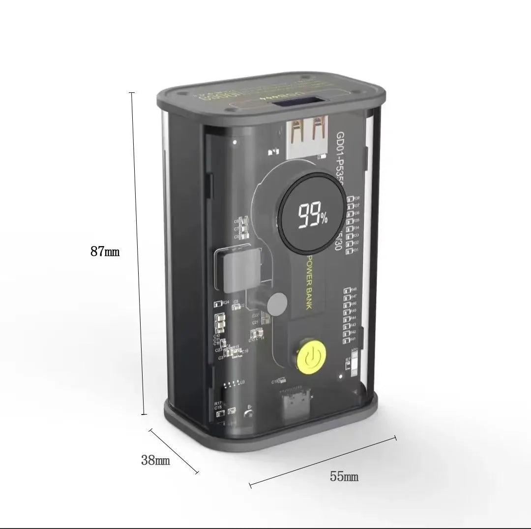 Transparent yellow power bank showing internal aluminium battery casing and 18650 lithium ion cells