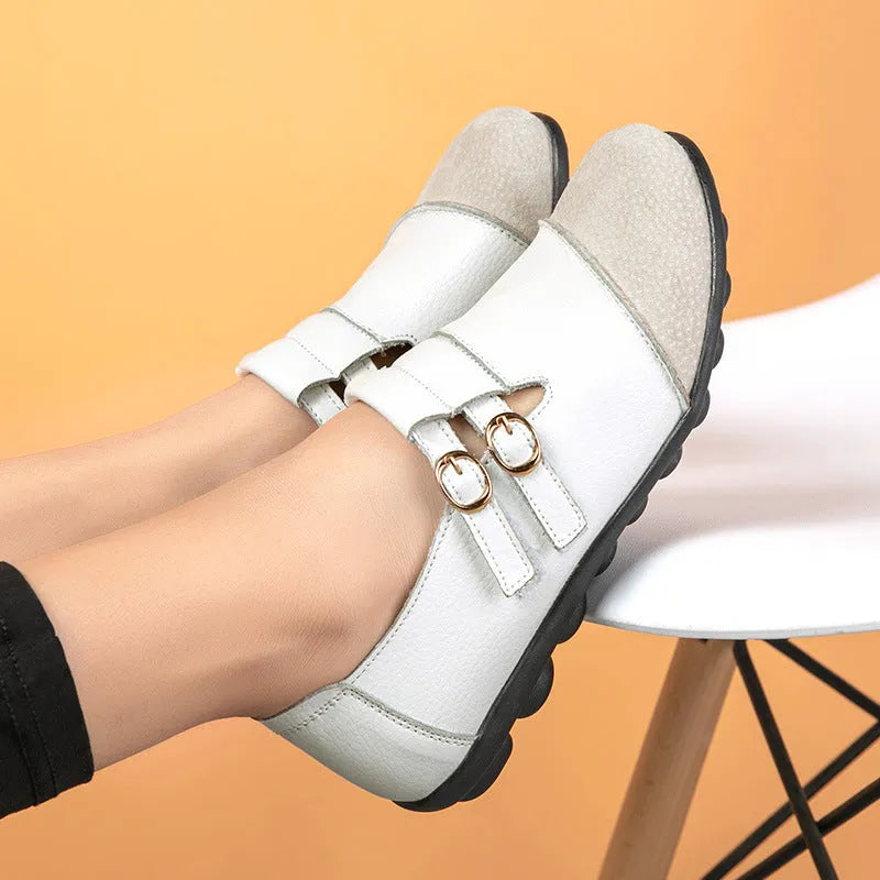 Button brand casual flat shoes with Velcro strap in cow split leather, shown in multiple colours.