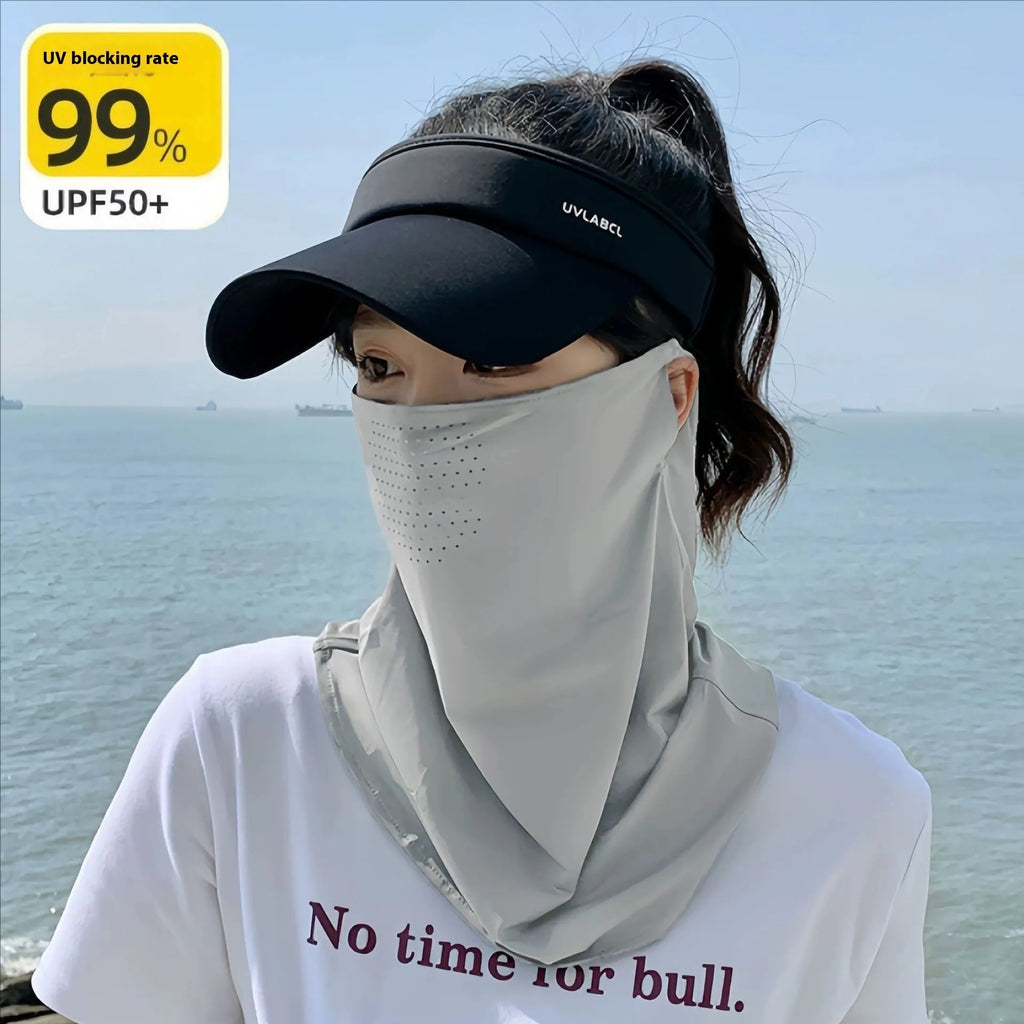 UPF50 breathable nylon outdoor cycling face mask in black, half-cover style, 18cm x 28cm, for sun protection.
